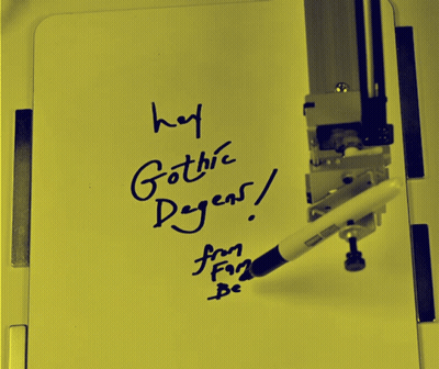 A Yellow Piece Of Paper With The Words Hey Gothic Ryers Written On It GIF