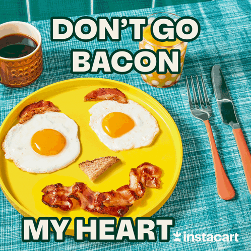 A Yellow Plate With Eggs And Bacon On It GIF