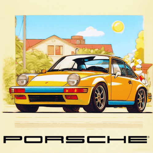 A Yellow Porsche Car Is On A Yellow Background GIF