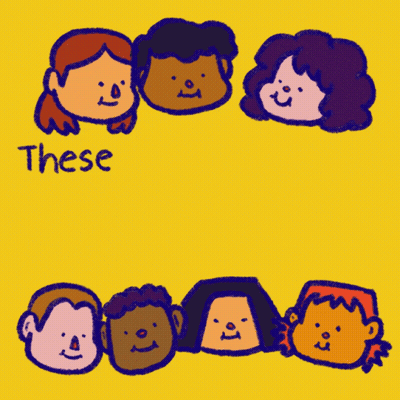 A Yellow Poster With Cartoon Faces And The Words These Aren 'T Someone Else 'S Children GIF