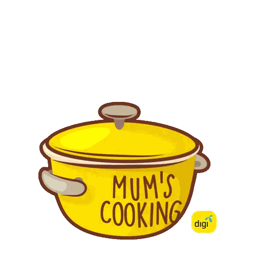 A Yellow Pot With The Words Mum 'S Cooking On The Side Sticker