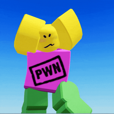 A Yellow Roblox Character With A Pink Shirt That Says Pwn GIF