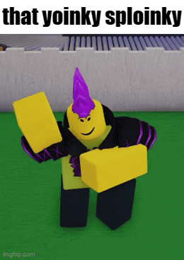 A Yellow Roblox Character With A Purple Mohawk And A Yellow Block GIF
