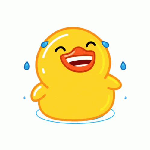 A Yellow Rubber Duck Is Laughing With Water Drops On It 'S Face GIF