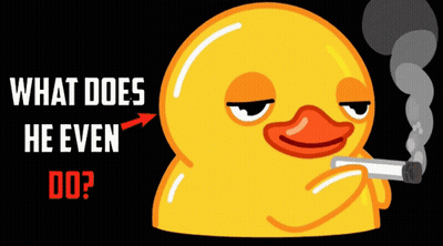 A Yellow Rubber Duck Smoking A Cigarette With The Words " What Does He Even Do " Above It GIF