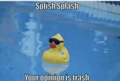 A Yellow Rubber Duck Wearing Sunglasses Is Floating In A Pool With A Caption That Says Splish Splash Your Opinion Is Tra GIF