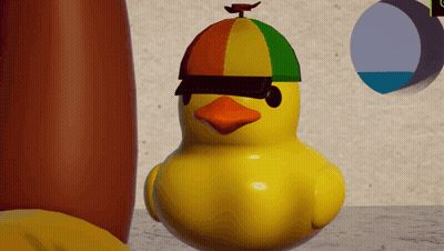 A Yellow Rubber Duck With A Colorful Hat On GIF