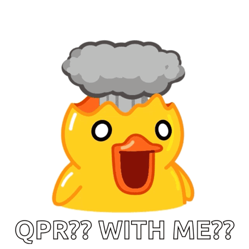 A Yellow Rubber Duck With Smoke Coming Out Of Its Mouth And The Words Qpr With Me Below It GIF