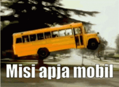 A Yellow School Bus Is Flying Through The Air With The Words Misi Apja Mobil Written Below It GIF