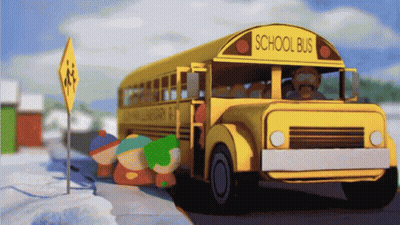 A Yellow School Bus Is Parked In Front Of A Crosswalk Sign GIF