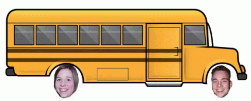 A Yellow School Bus With A Man And A Woman 'S Faces Cut Out Of It GIF