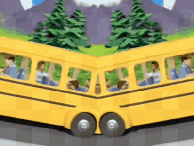 A Yellow School Bus With A Mountain In The Background And Trees In The Foreground GIF