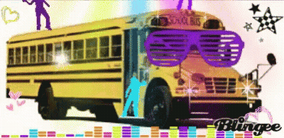 A Yellow School Bus With Purple Glasses On The Side GIF