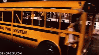 A Yellow School Bus With The Word Bus Fun System On The Side GIF