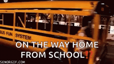 A Yellow School Bus With The Words On The Way Home From School Below It GIF