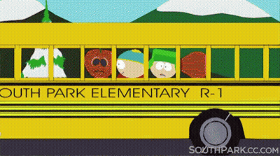 A Yellow School Bus With The Words South Park Elementary R-1 On The Side GIF