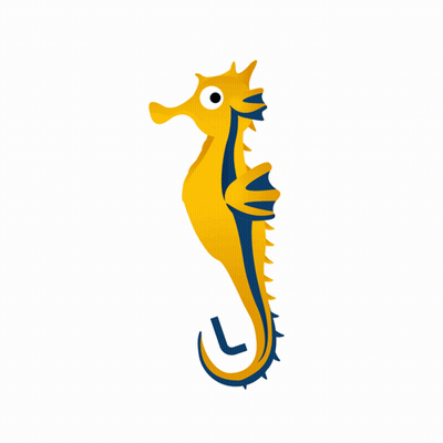 A Yellow Seahorse With A Blue Tail And A L On Its Tail GIF