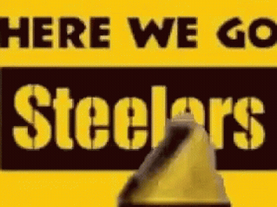 A Yellow Sign That Says `` Here We Go Steelers '' GIF