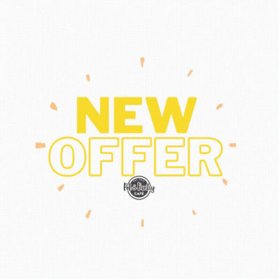 A Yellow Sign That Says New Offer With Rays Coming Out Of It GIF