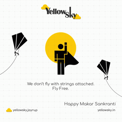 A Yellow Sky Advertisement For Makar Sankranti With A Man Flying A Kite GIF