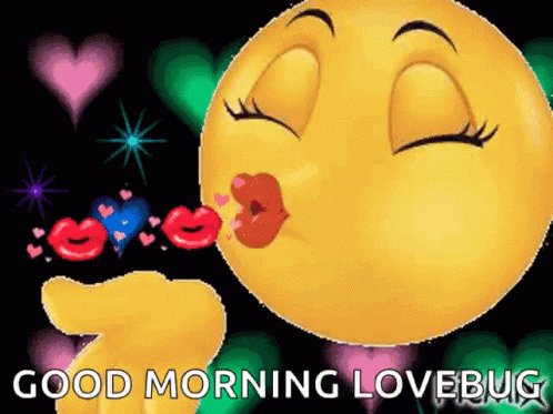 A Yellow Smiley Face Blowing A Kiss With The Words Good Morning Lovebug GIF
