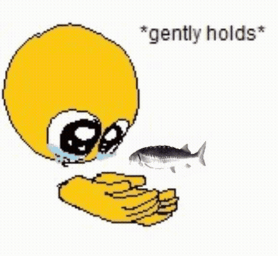 A Yellow Smiley Face Is Crying While Holding A Fish In Its Hands . GIF