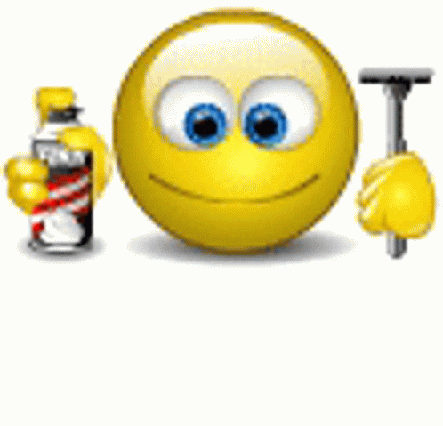 A Yellow Smiley Face Is Holding A Can Of Soda And A Shaving Razor . GIF