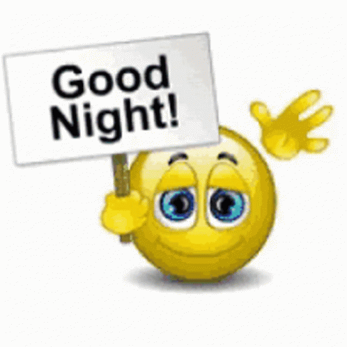 A Yellow Smiley Face Is Holding A Sign That Says Good Night . GIF