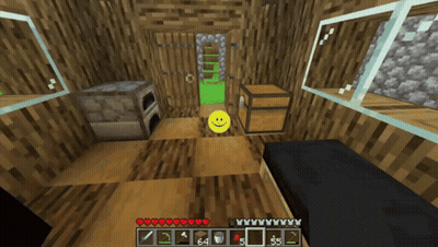A Yellow Smiley Face Is In A Wooden Room In A Minecraft Game GIF