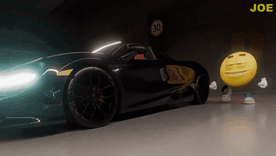 A Yellow Smiley Face Is Standing In Front Of A Black Car With A 30 Sign In The Background GIF