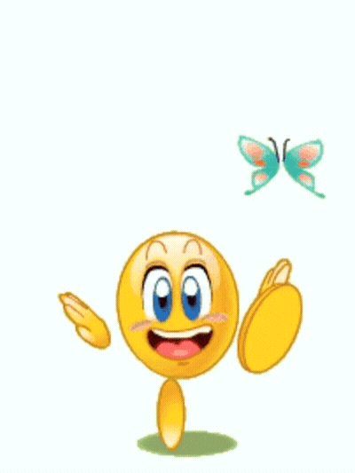 A Yellow Smiley Face Is Standing In Front Of A Blue Butterfly GIF