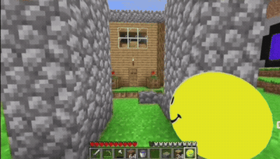 A Yellow Smiley Face Is Standing In Front Of A House In A Video Game Called Minecraft GIF