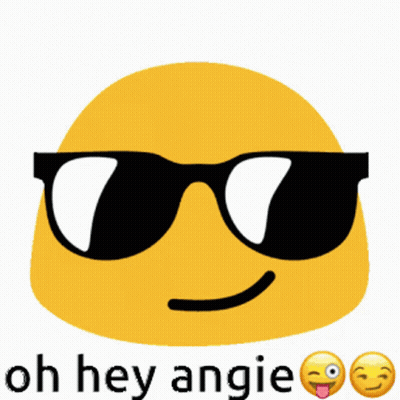 A Yellow Smiley Face Wearing Sunglasses With The Words Oh Hey Angie Below It GIF
