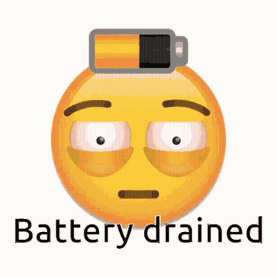 A Yellow Smiley Face With A Battery On Top Of It And The Words Battery Drained Below It GIF