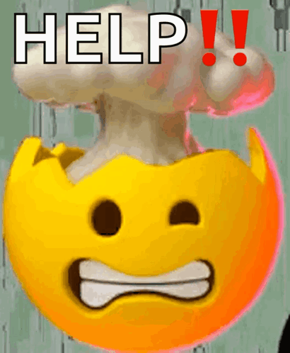A Yellow Smiley Face With An Explosion Coming Out Of It And The Word Help Written Below It GIF