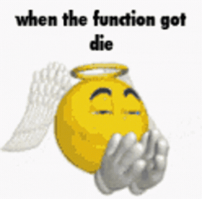 A Yellow Smiley Face With Angel Wings And The Words When The Function Got Die GIF
