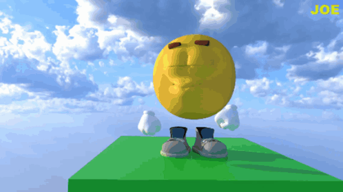 A Yellow Smiley Face With Arms And Legs Is Standing On A Green Block With The Word Joe On The Bottom Right GIF
