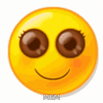 A Yellow Smiley Face With Big Brown Eyes And The Words Mem Written Below It . GIF