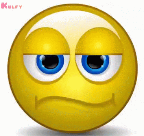 A Yellow Smiley Face With Blue Eyes And A Sad Look On It . GIF