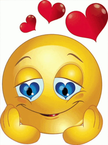 a yellow smiley face with blue eyes and red hearts around it