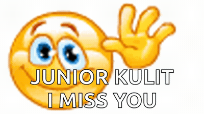 A Yellow Smiley Face With Blue Eyes And The Words Junior Kulit I Miss You On It GIF