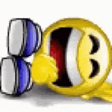 A Yellow Smiley Face With Its Mouth Open And A Blue And White Sunglasses . GIF