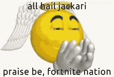 A Yellow Smiley Face With Wings And The Words " All Hail Jackari Praise Be Fortnite Nation " GIF