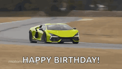 A Yellow Sports Car Is Driving Down A Track And The Words `` Happy Birthday '' Are Written Below It . GIF
