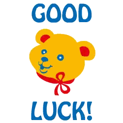 A Yellow Teddy Bear Has A Red Bow Around Its Neck And The Words Good Luck Below It Sticker