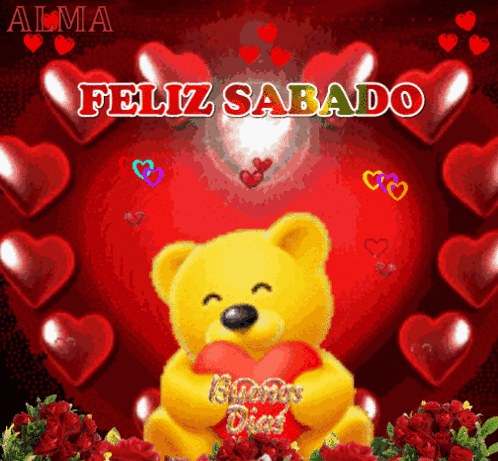 A Yellow Teddy Bear Holding A Red Heart With The Words Feliz Sabado Written Above It GIF