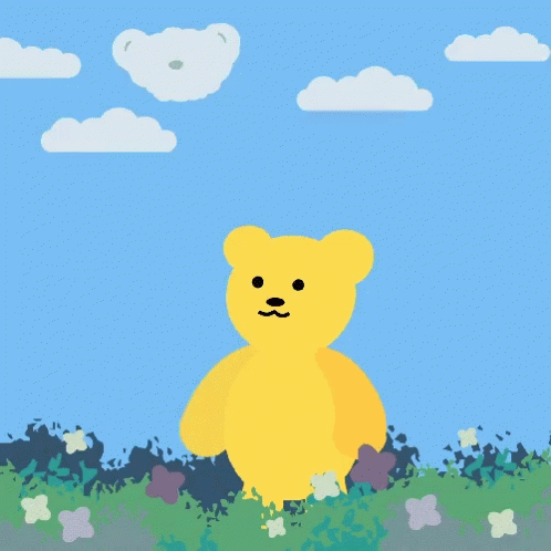 A Yellow Teddy Bear Is Holding A Purple Teddy Bear With Hearts Above Them GIF
