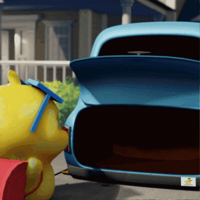 A Yellow Teddy Bear Wearing Sunglasses Stands Next To A Blue Car With Its Trunk Open GIF