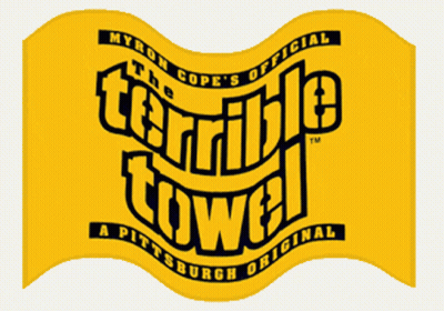 A Yellow Towel That Says " The Terrible Towel " On It GIF