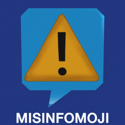 A Yellow Triangle With An Exclamation Point Inside Of A Speech Bubble With Misinfomoji Written Underneath It GIF